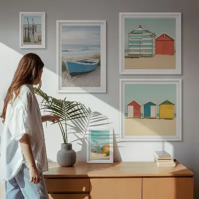 Wanddecoratie compositie uitzicht op zee met huizen en boten