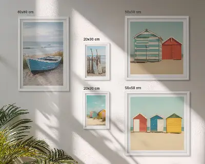 Wanddecoratie compositie uitzicht op zee met huizen en boten