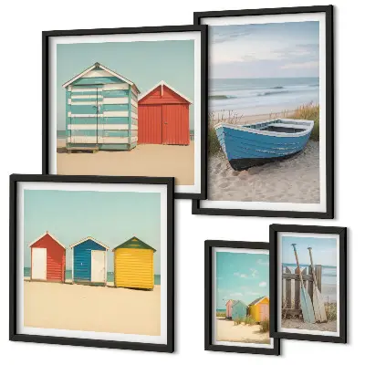 Wanddecoratie compositie uitzicht op zee met huizen en boten