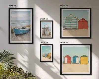 Wanddecoratie compositie uitzicht op zee met huizen en boten