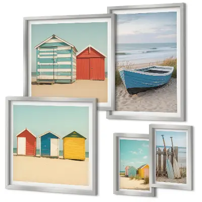Wanddecoratie compositie uitzicht op zee met huizen en boten