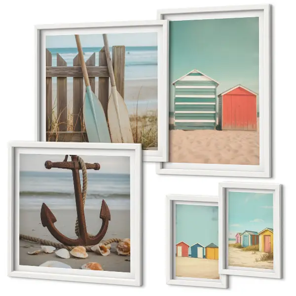 Moderne schilderijen set met stijlvolle strandhuizen aan zee