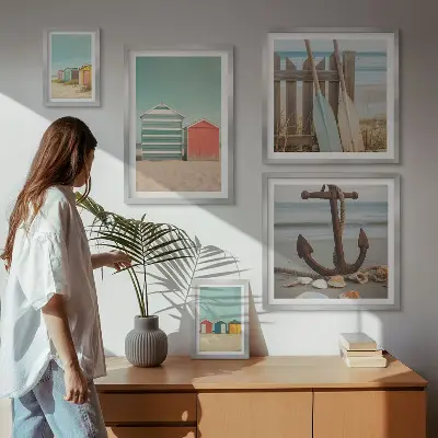 Moderne schilderijen set met stijlvolle strandhuizen aan zee