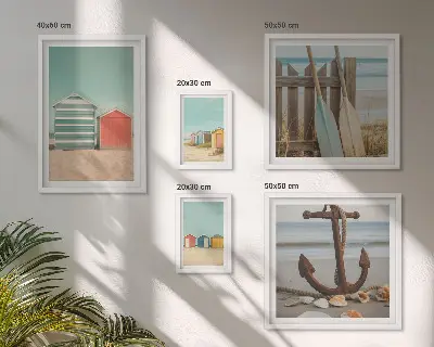 Moderne schilderijen set met stijlvolle strandhuizen aan zee