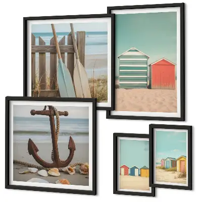 Moderne schilderijen set met stijlvolle strandhuizen aan zee