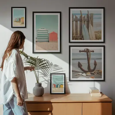 Moderne schilderijen set met stijlvolle strandhuizen aan zee