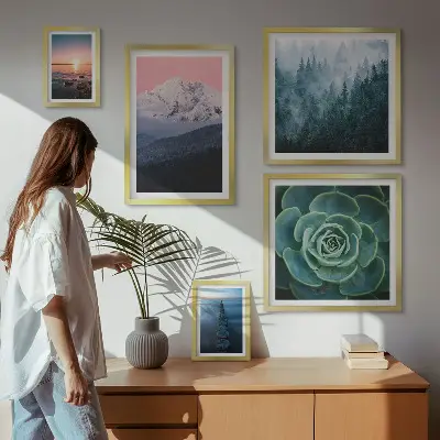 Moderne schilderijen set met landschappen van bergen en de zee in boho stijl