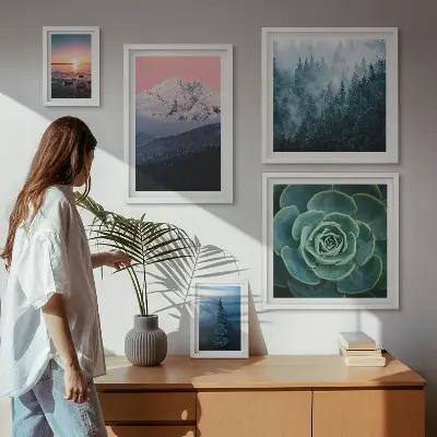 Moderne schilderijen set met landschappen van bergen en de zee in boho stijl