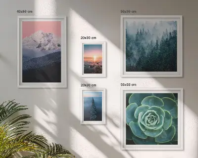 Moderne schilderijen set met landschappen van bergen en de zee in boho stijl