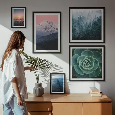 Moderne schilderijen set met landschappen van bergen en de zee in boho stijl