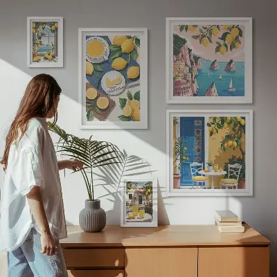 Gallery wall met frisse citroenen in boho zomerstijl