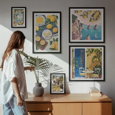 Gallery wall met frisse citroenen in boho zomerstijl