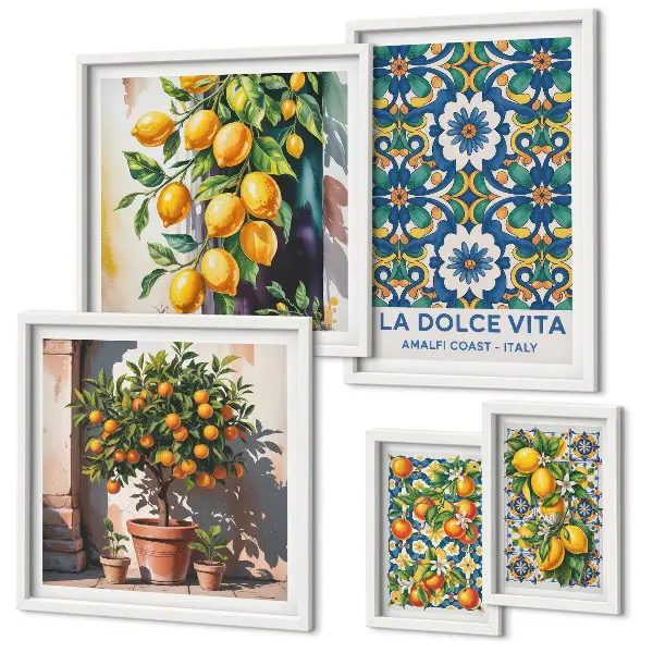 Set van moderne schilderijen met Italiaanse citrusvruchten in Amalfi-stijl