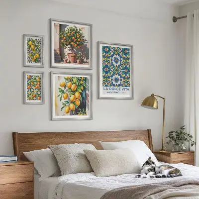 Set van moderne schilderijen met Italiaanse citrusvruchten in Amalfi-stijl