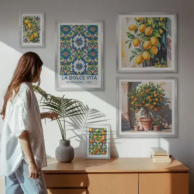 Set van moderne schilderijen met Italiaanse citrusvruchten in Amalfi-stijl