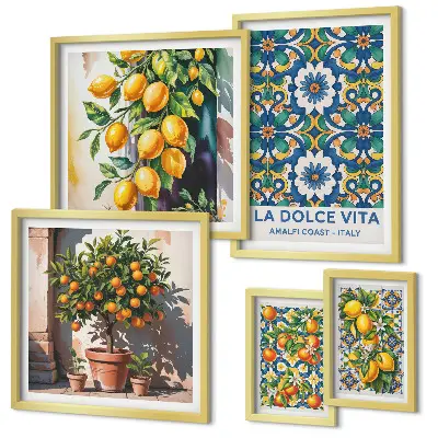 Set van moderne schilderijen met Italiaanse citrusvruchten in Amalfi-stijl