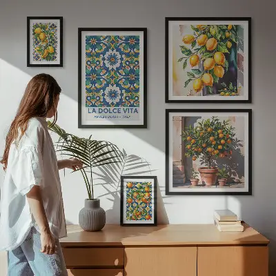 Set van moderne schilderijen met Italiaanse citrusvruchten in Amalfi-stijl