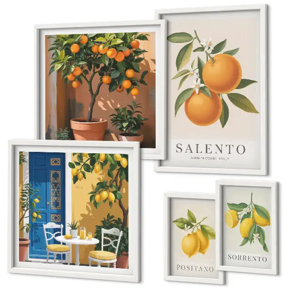 Moderne schilderijen set met fruitig Italië in rustieke stijl
