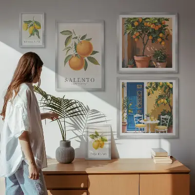 Moderne schilderijen set met fruitig Italië in rustieke stijl