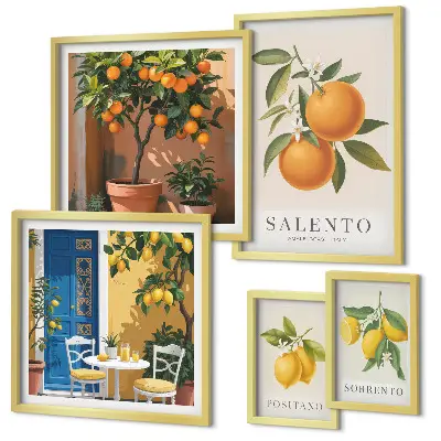 Moderne schilderijen set met fruitig Italië in rustieke stijl