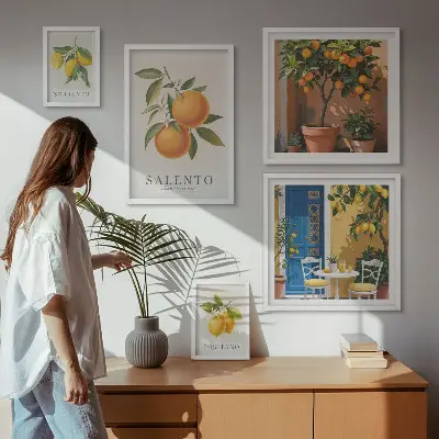 Moderne schilderijen set met fruitig Italië in rustieke stijl