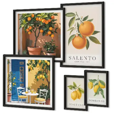 Moderne schilderijen set met fruitig Italië in rustieke stijl