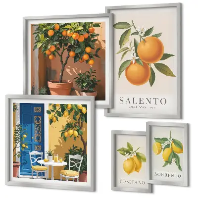 Moderne schilderijen set met fruitig Italië in rustieke stijl