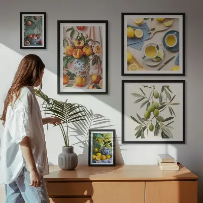 Wanddecoratie met fruit en bloemen rustieke compositie