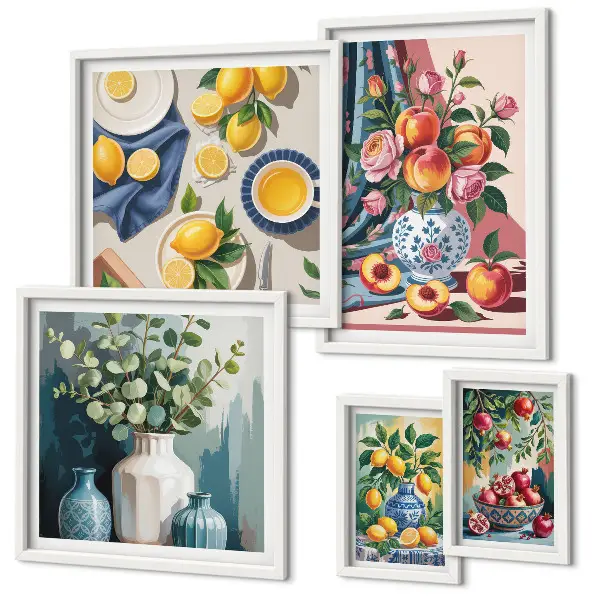 Set van moderne schilderijen met bloem- en fruitcomposities