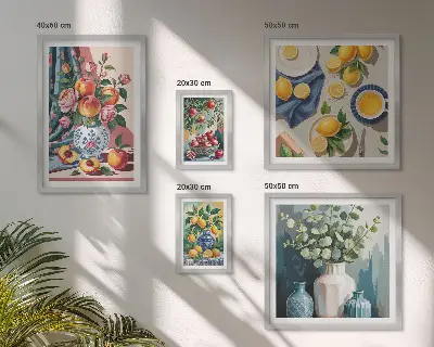 Set van moderne schilderijen met bloem- en fruitcomposities