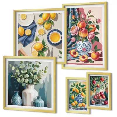 Set van moderne schilderijen met bloem- en fruitcomposities