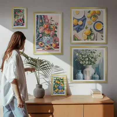 Set van moderne schilderijen met bloem- en fruitcomposities