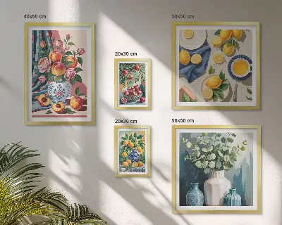 Set van moderne schilderijen met bloem- en fruitcomposities