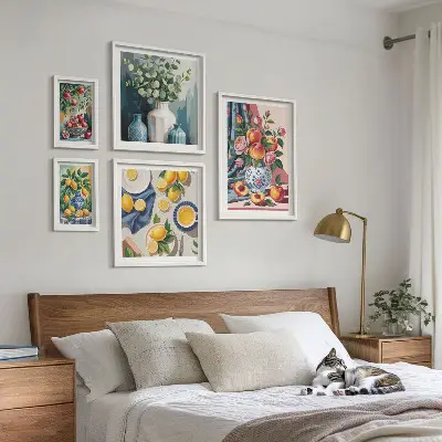 Set van moderne schilderijen met bloem- en fruitcomposities