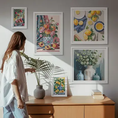 Set van moderne schilderijen met bloem- en fruitcomposities