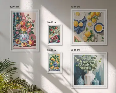 Set van moderne schilderijen met bloem- en fruitcomposities