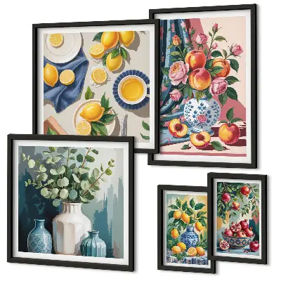 Set van moderne schilderijen met bloem- en fruitcomposities