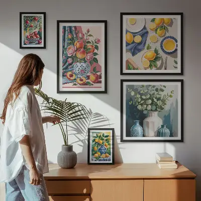 Set van moderne schilderijen met bloem- en fruitcomposities