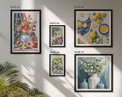 Set van moderne schilderijen met bloem- en fruitcomposities