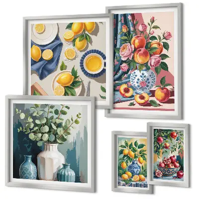 Set van moderne schilderijen met bloem- en fruitcomposities