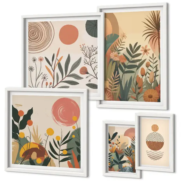 Moderne schilderijen set met abstracte boho plantmotieven