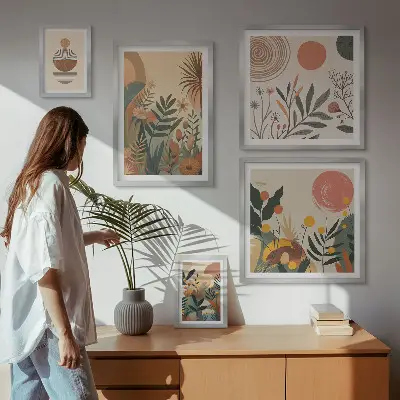 Moderne schilderijen set met abstracte boho plantmotieven