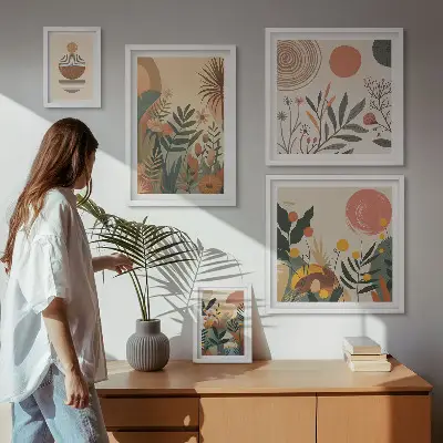 Moderne schilderijen set met abstracte boho plantmotieven