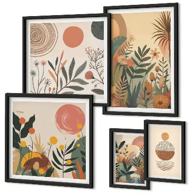 Moderne schilderijen set met abstracte boho plantmotieven