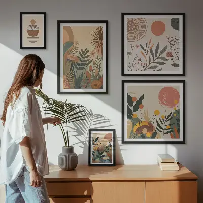 Moderne schilderijen set met abstracte boho plantmotieven