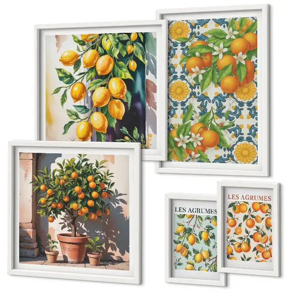 Set van moderne schilderijen met citrusvruchten, bloemen en een vintage uitstraling