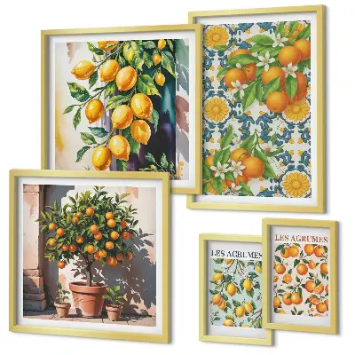 Set van moderne schilderijen met citrusvruchten, bloemen en een vintage uitstraling
