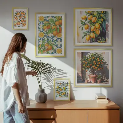 Set van moderne schilderijen met citrusvruchten, bloemen en een vintage uitstraling