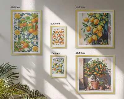 Set van moderne schilderijen met citrusvruchten, bloemen en een vintage uitstraling