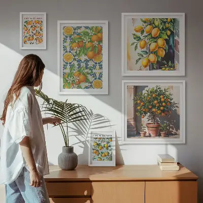 Set van moderne schilderijen met citrusvruchten, bloemen en een vintage uitstraling